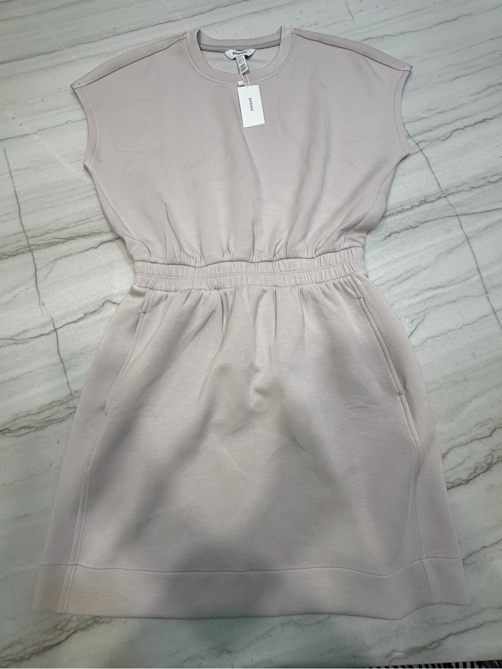 SPANX Sleeveless Elastic-Waist Mini Dress in Light Beige